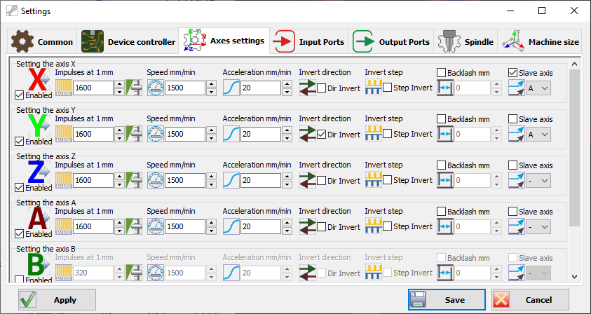 Axes settings